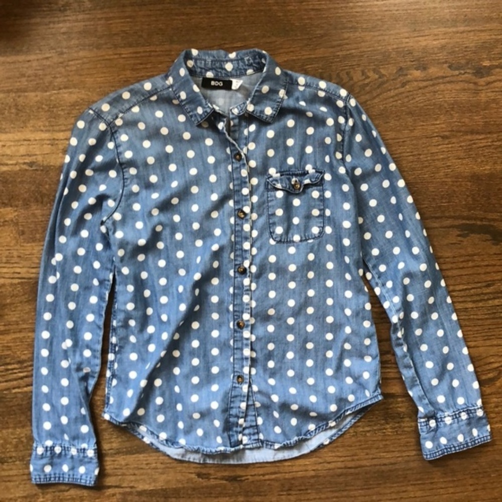 BDG Denim Polka Dot Button Up Long Sleeve Shirt